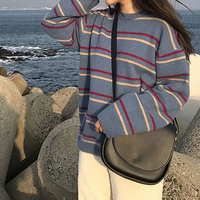 

Женский свитер с круглым вырезом, полосатые пуловеры, свободные повседневные джемперы, теплый универсальный свитер с длинными рукавами для женщин, осень-зима 2023, осень-зима