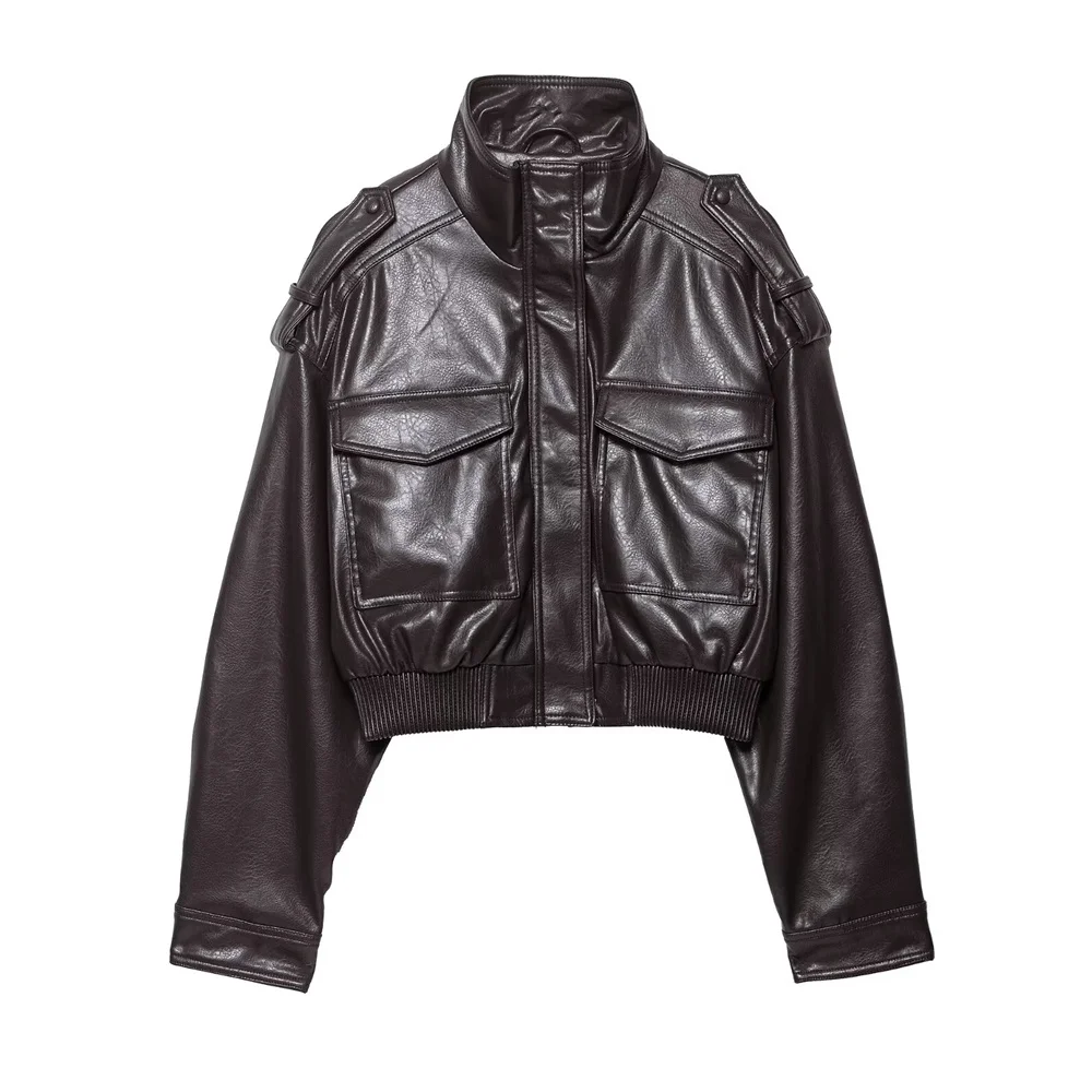 سترة نسائية جديدة غير رسمية متعددة الاستخدامات من الجلد اللامع المقلد بياقة واقفة وأكمام طويلة #4