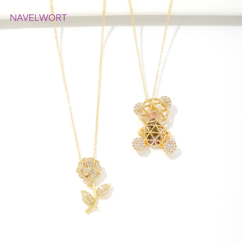 18K金メッキ真鍮ペンダント,ローズ,ベア,スクエアチャーム,ネックレス作り,DIYジュエリー素材,卸売り,ファッション