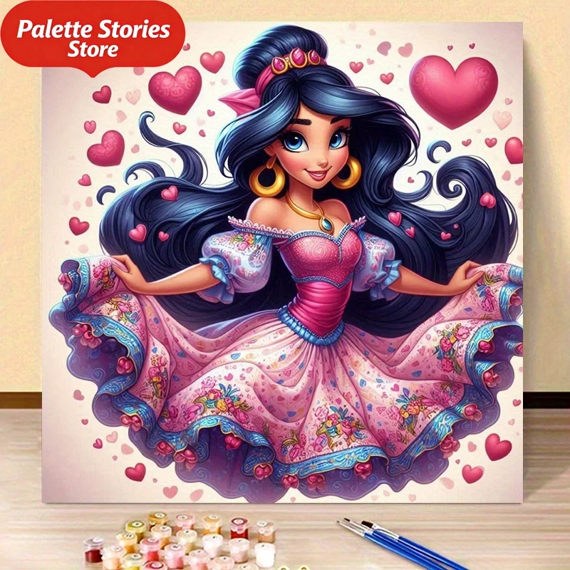 1 pieza, Kit de Pintura al Óleo Digital para Adultos - Princesa Jazmín Rodeada de Corazones, 40×40 cm/15.7x15.7 pulgadas, Kit de Herramientas de Pintura DIY, R