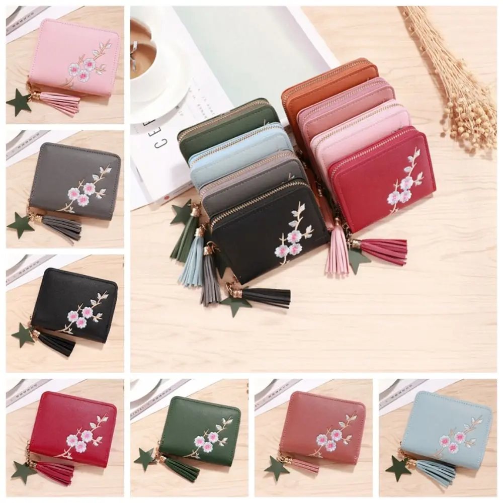 Lovely Plum Blossom Tassel Wallet Embroidery Mini Plum Blossom Wallet Short Coin Purse Pu Leather Coin Purse Travel