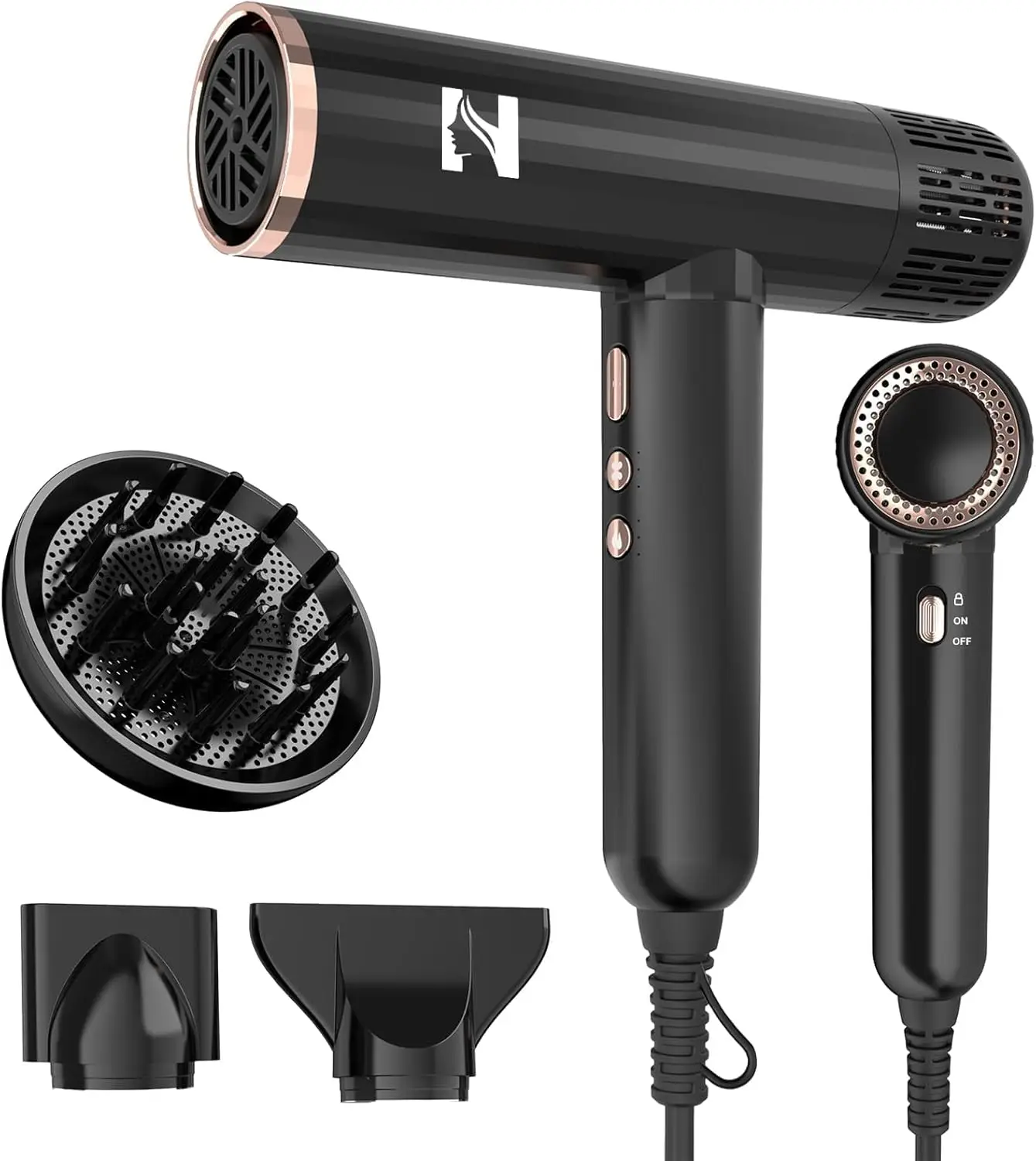 

Ionic Hair Dryer with Diffuser for Curly Hair, 1600W High-Speed Motor, Low Noise, Lightweight for Travel Home Salon
