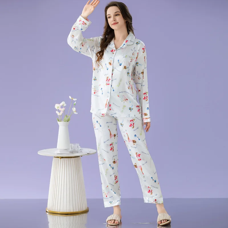 Ensembles de pyjamas College pour femmes, vêtements de nuit en faux satin, manches longues, poche, printemps, automne, 2 pièces