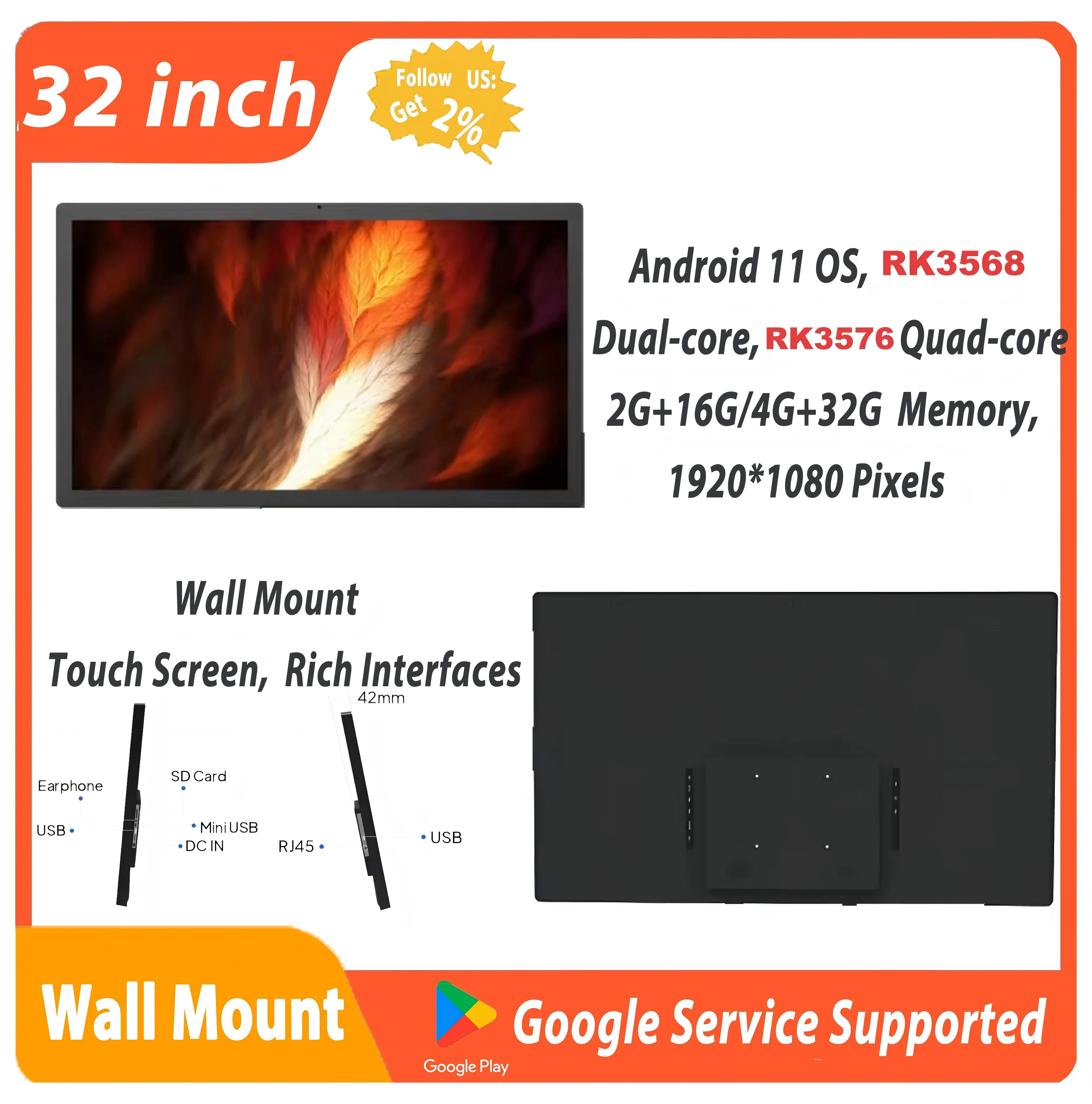 

Настенное крепление и рабочий стол 32 дюйма Android 11 планшет большой сенсорный экран мультимедийный ТВ плеер 7*24 часов рекламный дисплей 1920*1080P