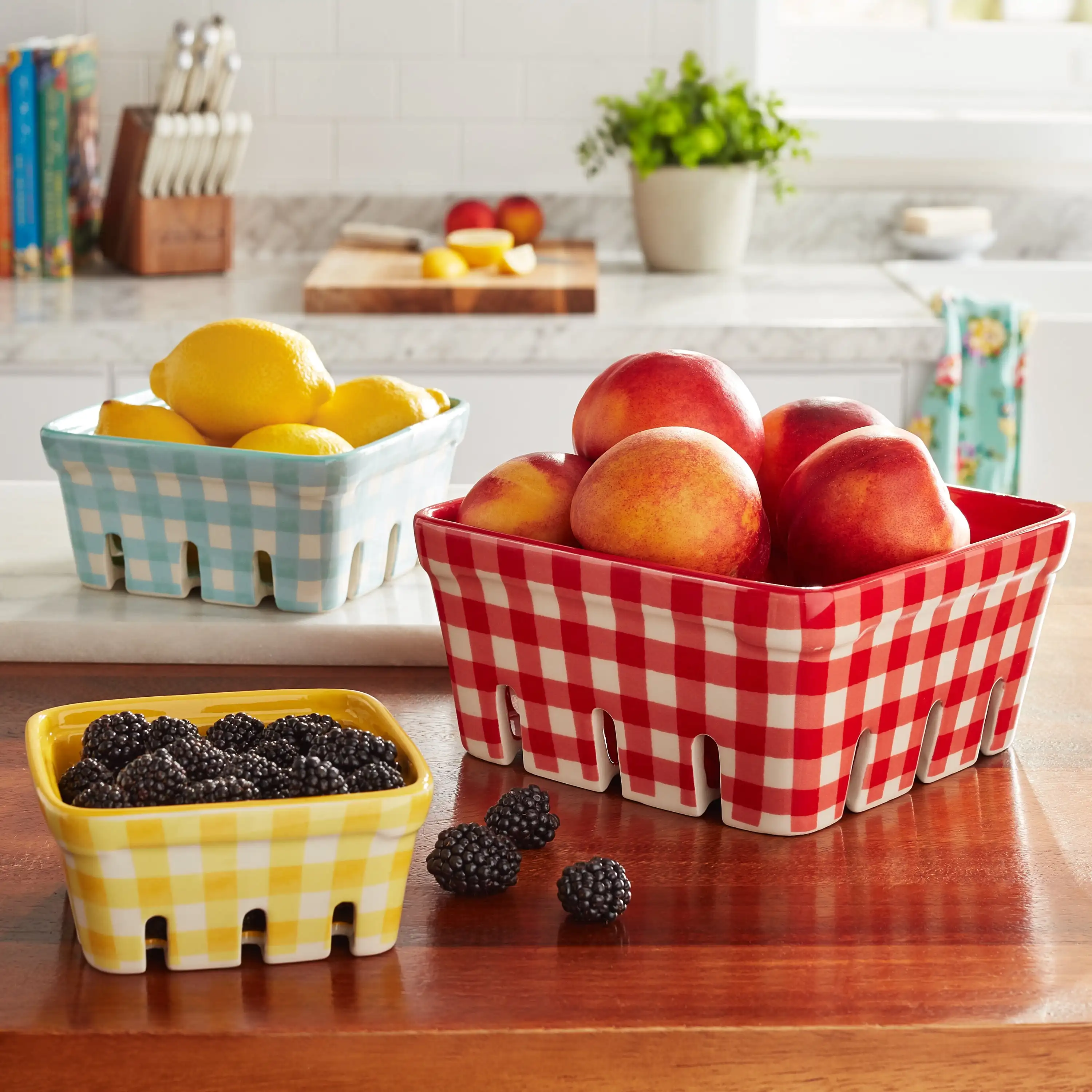 Gingham 3-teiliges Keramik-Obstkorb-Set