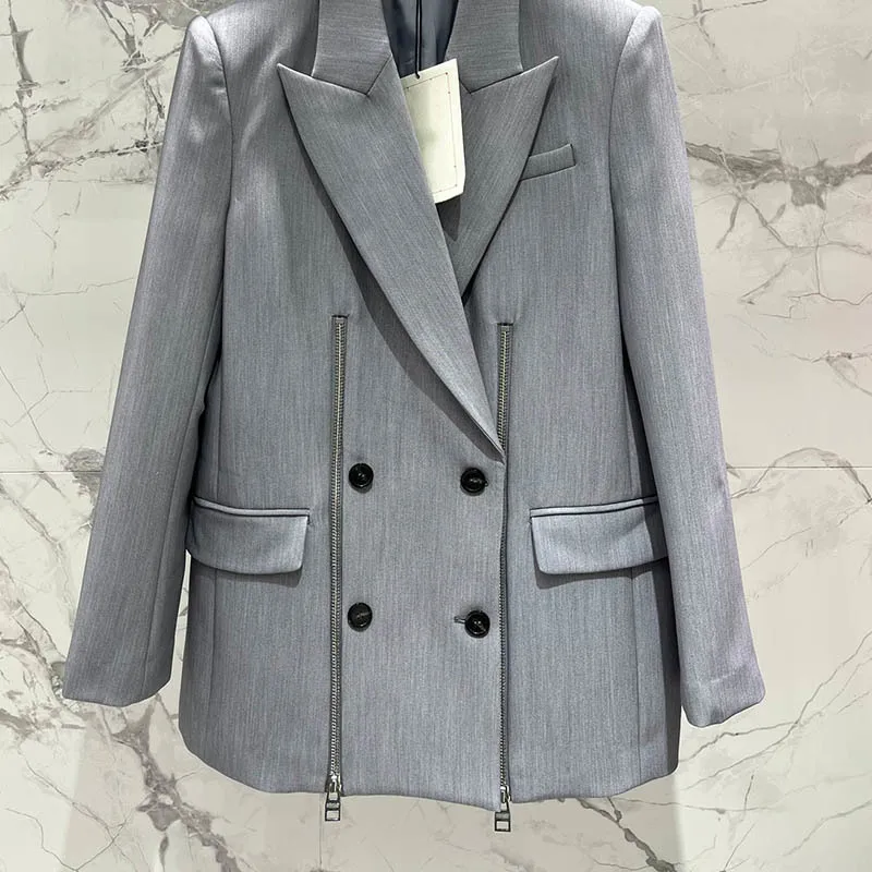 High Quality Women's Zipper Blazer Jacket Office Fashion 3 Color Double Breasted Lapel Long Sleeve Suits Street Wear Y2K Clothes