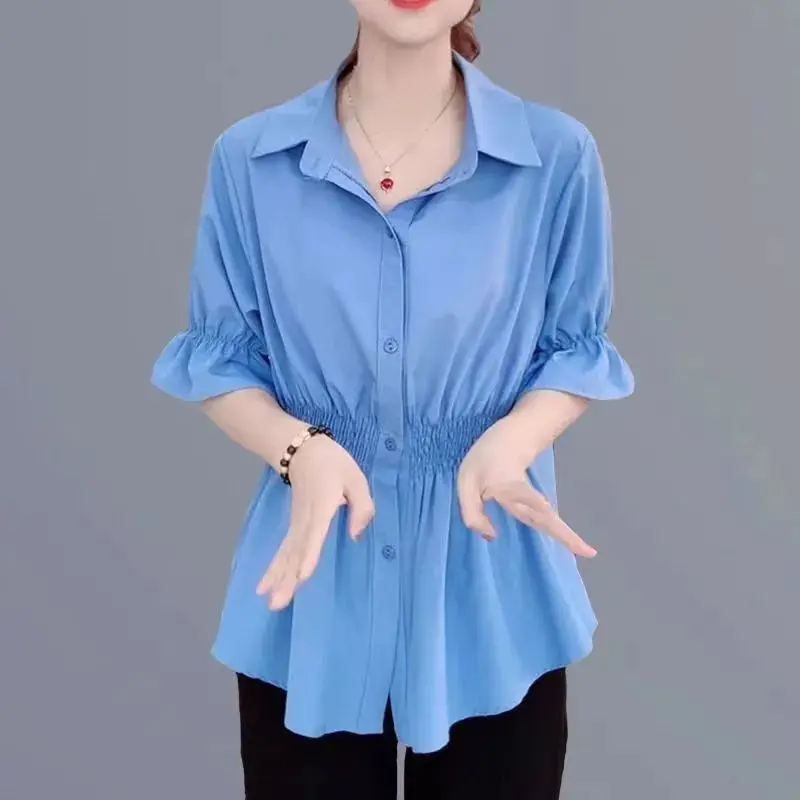 

Office Lady Pleated Loose Blouse Summer New Short Sleeve Polo Neck Solid Color Button Shirt Tops Casual Fashion Women Clothing