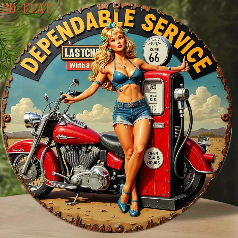 1pc Vintage Gas Station Wall Decor - Retro Service Station Art with Motorcycle, Mid-Century Americana Metal Sign for Garage,