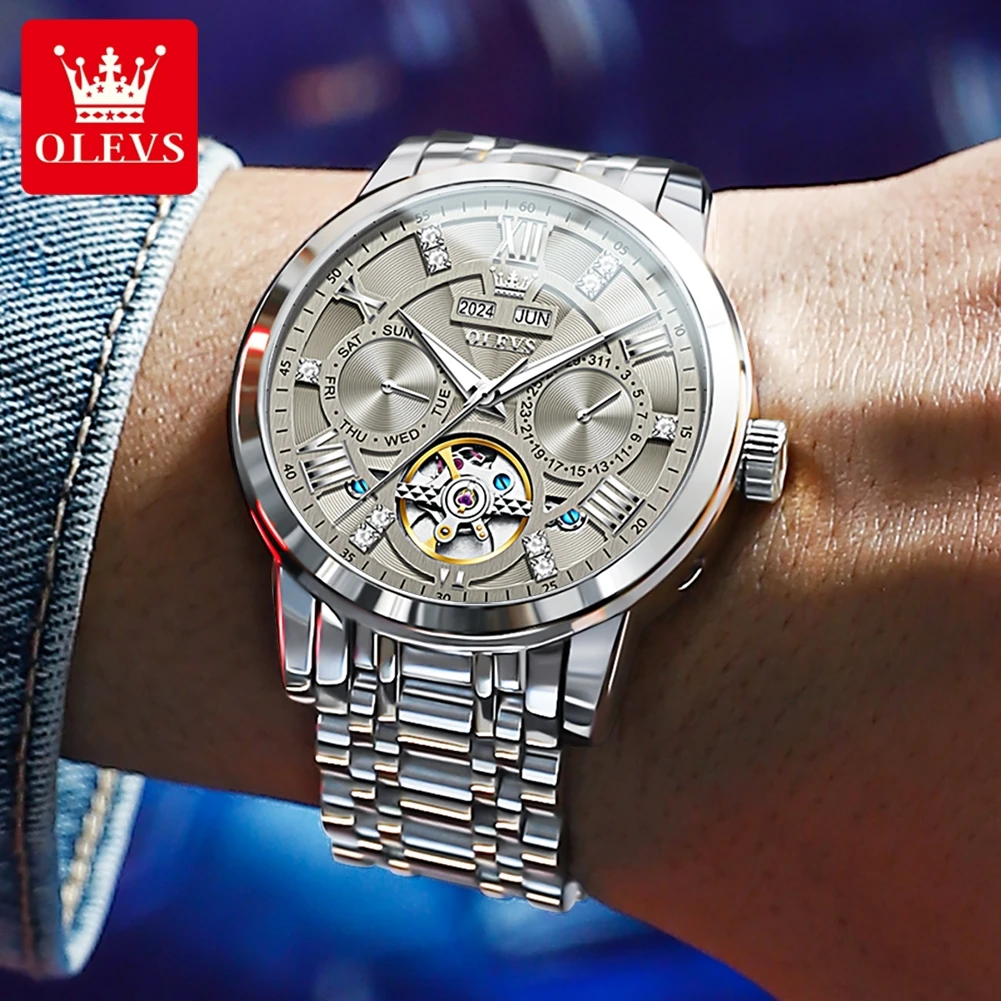 OLEVS 6701 고급 오리지널 남성용 시계 플라이휠 오토매틱 기계식 시계 방수 캘린더 주간 시계 남성용 무료 선물