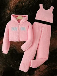 Winter children's girls sweet and cute set pink letter print hooded coat sexy vest and trousers warm and cold three-piece set