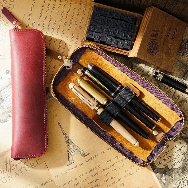 

Leather Pencil Case Zipper Retro Pen Pouch For Boys Girls School Students Cowhide Men Pencil Bag with 4 Pen Slots