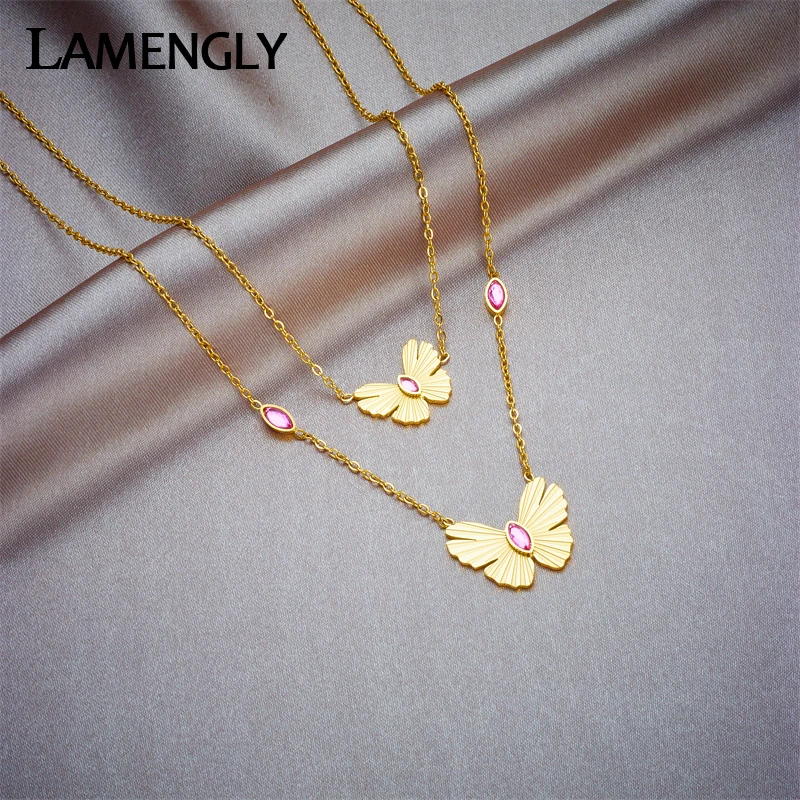 LAMENGLY 316L Stainless Steel Pink Zirconia Butterfly Pendant Necklace For Women Fashion New Neck Chain Jewelry Birthday Gift