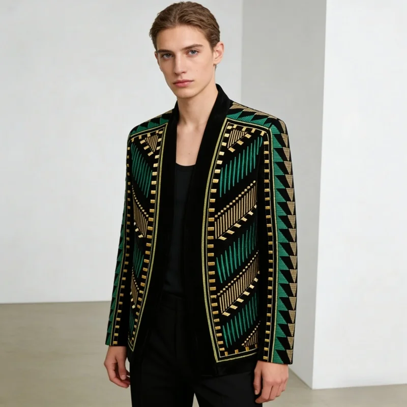 

Male European Style Embroidery Court Blazer Singer Stage Costume Vintage Fashion Slim Fit Tuxedo Suit Jacket Performance Clothes