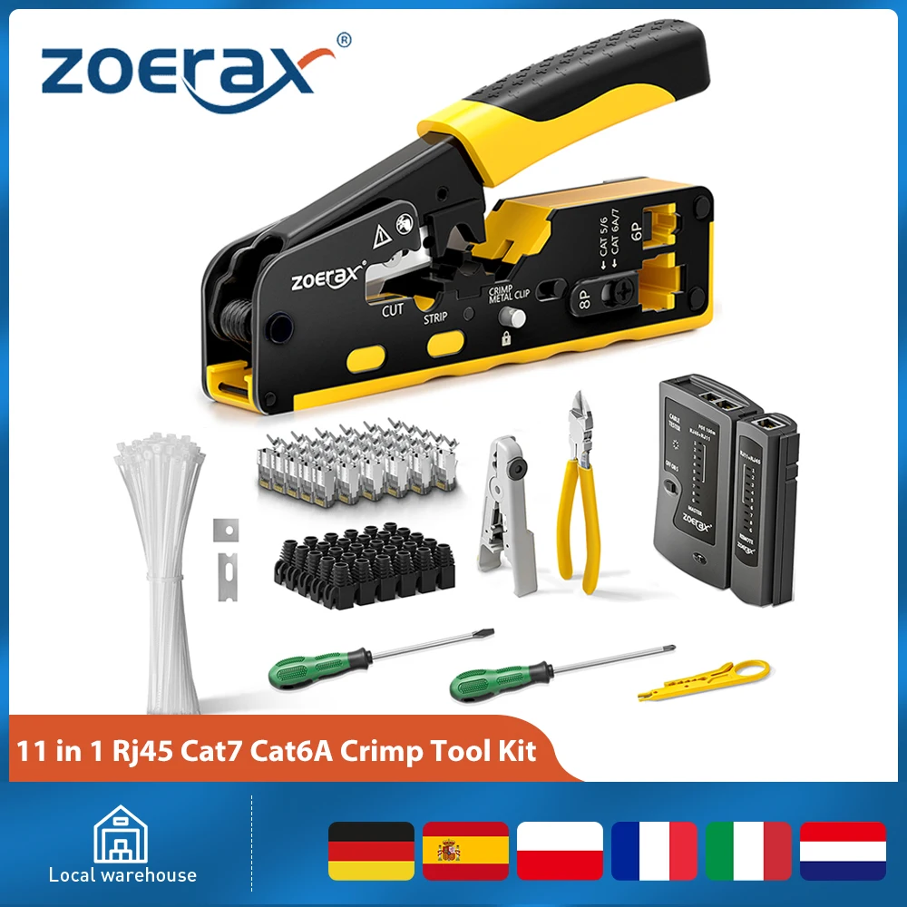 

ZoeRax 11 in 1 RJ45 Cat7 Cat6A Crimp Tool Kit,Cable Tester,Wire Cutter,Blades Cat7 Connectors and Boots Cable Ties screwdrivers