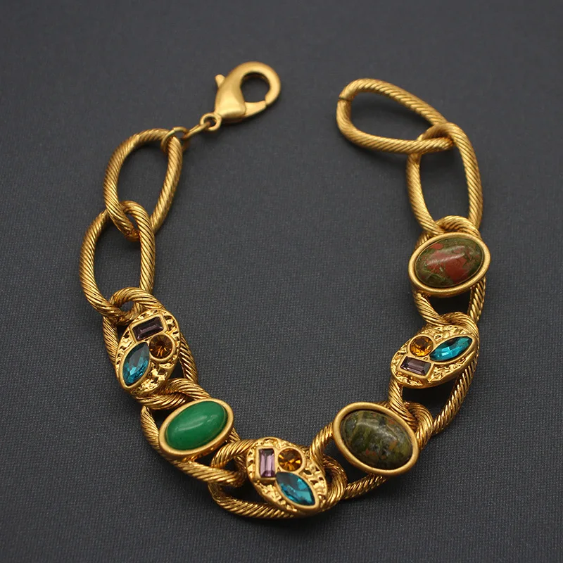 

Vintage Gold Plated Colorful Gemstone Bracelet Women Retro Medieval Multi Rhinestone Bangle Jewelry Qingdao Factory Wholesale