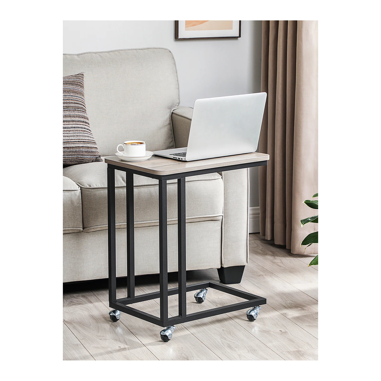 VASAGLE Industrial End Table with Steel Frame, Castors. Easy Assembly. Ideal for Living Room, Bedroom, Balcony