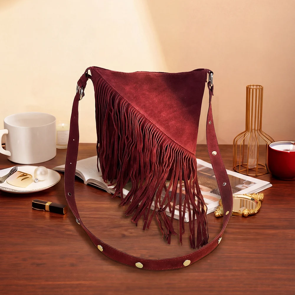 Women Chic Suede Tassel Square Shoulder Bag Korean Trend Solid Soft All-Match Crossbody Bags Winter Commute Messenger Packs