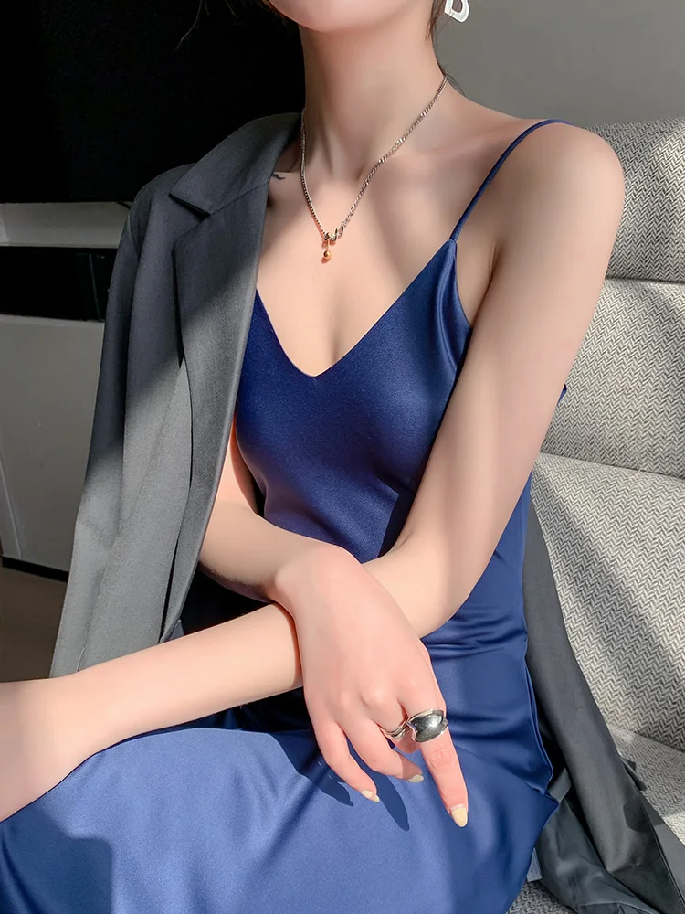 Silk Satin Strap Dr Women's Spring Summer Inner Match Suit Vinegar Long Design Sensation Slimming A-Line Skirt Dr