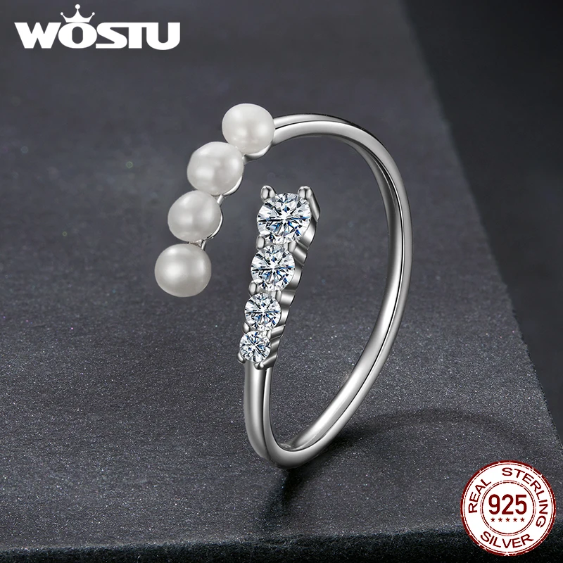 

WOSTU Moissanite Pearl Open Ring White Gold Luxury Original 925 Sterling Silver Gentle For Women Engagement Wedding Fine Jewelry