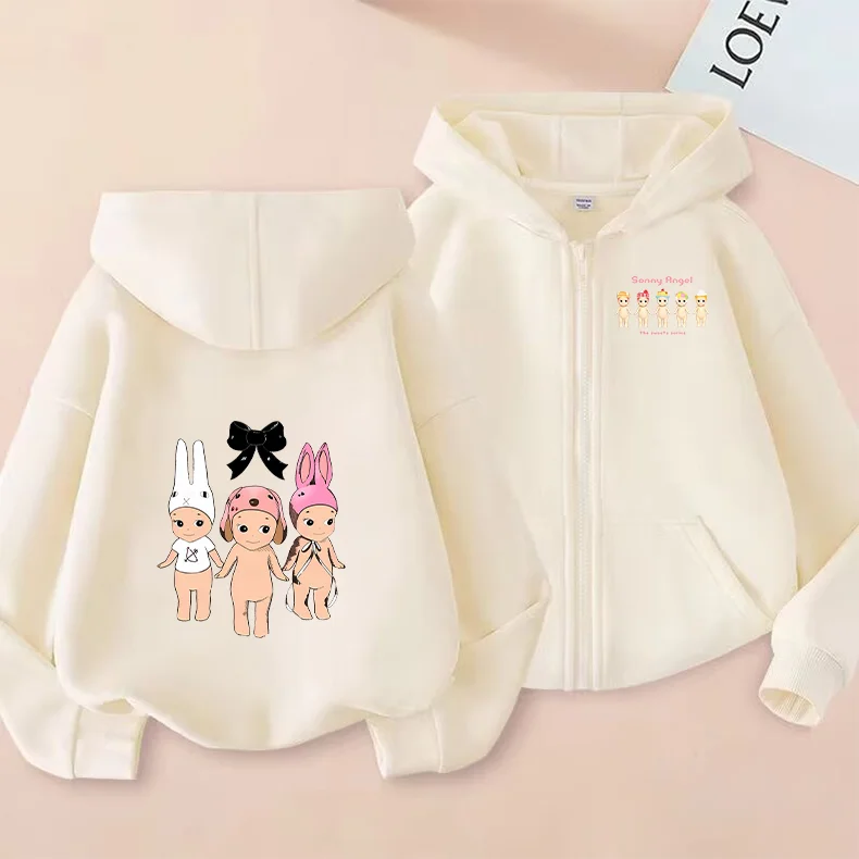 Pull à fermeture éclair Macny Angel pour enfants, motif imprimé dessin animé Harajuku, sweat à capuche chaud pour garçons, manteau pour filles, cardigan de sport décontracté