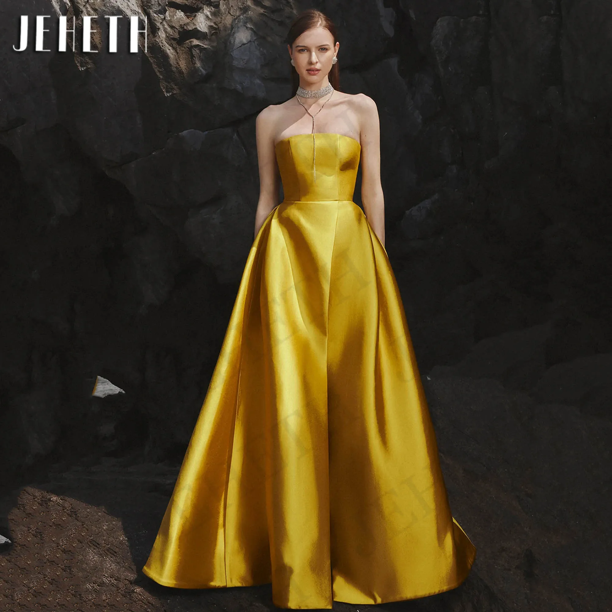 JEHETH Gold Simple Evening Dresses For Women 2024 Elegant A Line Satin Split Wedding Guest Dress kleider für besondere anlässe