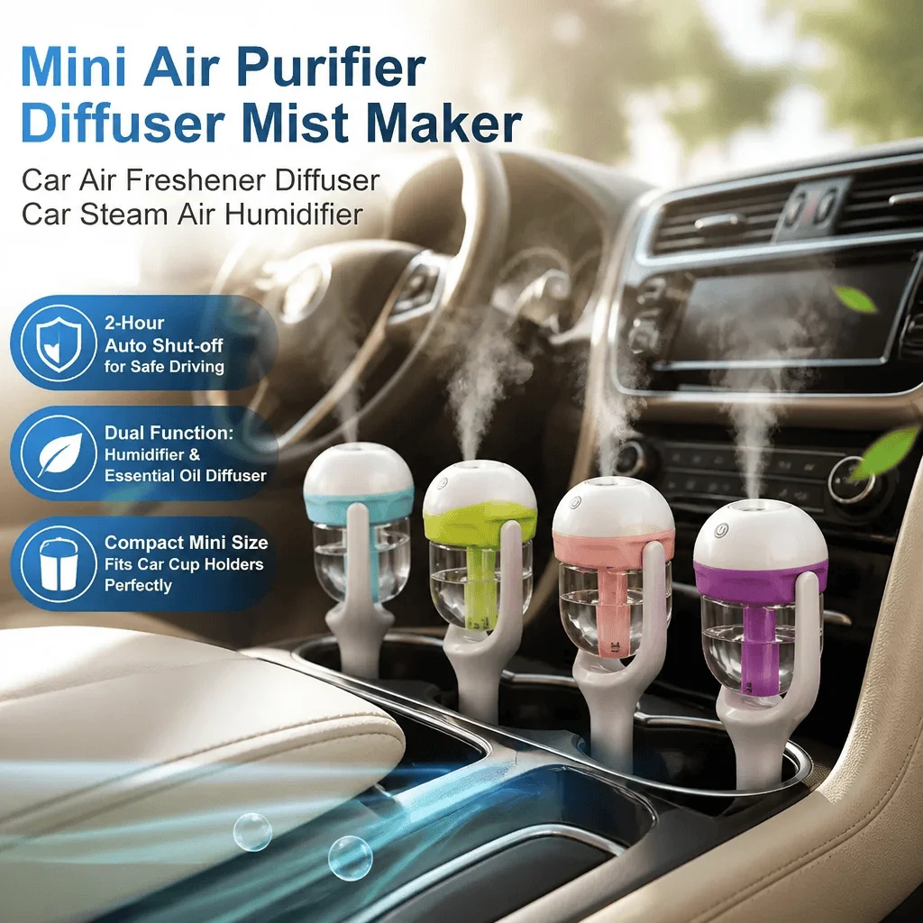 Car Humidifier Diffuser 12V Mini Portable Essential Oil Mist Maker Auto Shut-Off Dual Function Air Purifier Freshener For Car