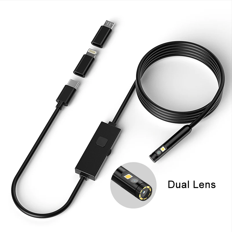 Direct Connect Phones Borescope 8mm Dual Camera 1080P 3 in 1 Industrial Endoscope for IOS/Type-C/Android to Inspect Pipe Sewer