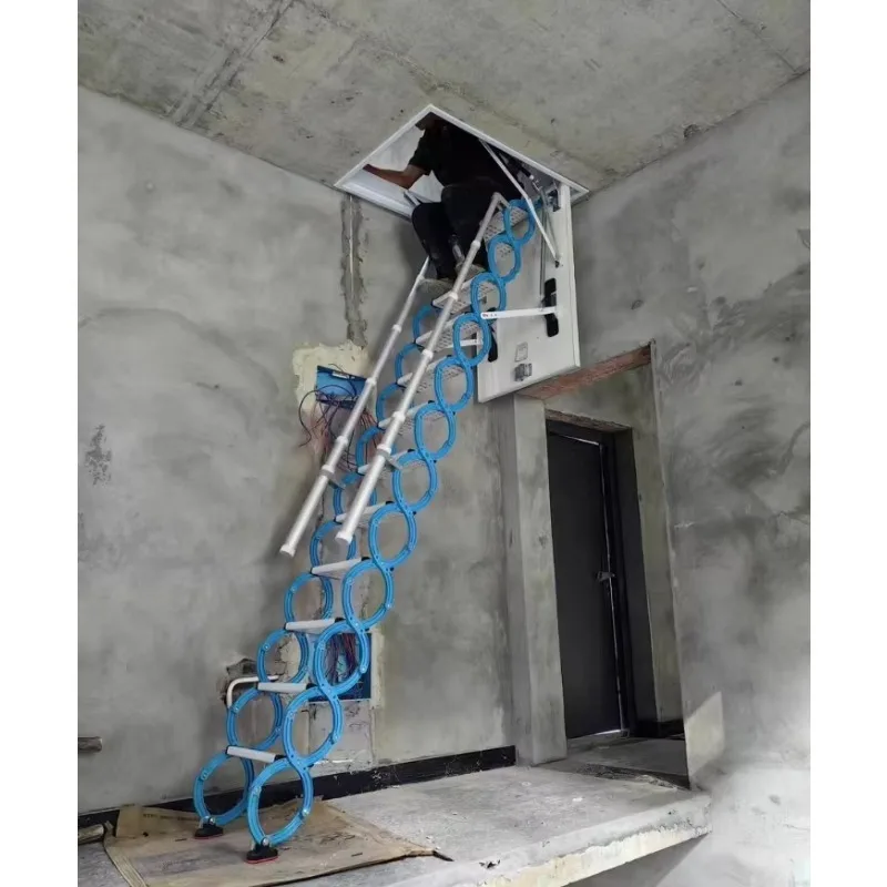 Customized Forged Titanium-magnesium Alloy Single Step Extension Scissor Ladder Wire Rope Sling For Loft Attic Or Restaurant