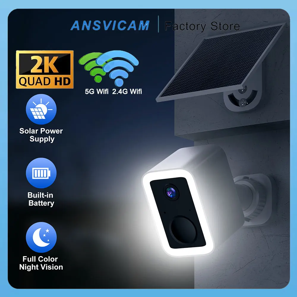ANSVICAM 2K WiFi Camera Solar Battery Outdoor Wireless Solar Power Floodlight Security Camera PIR Motion Detection Night Vision