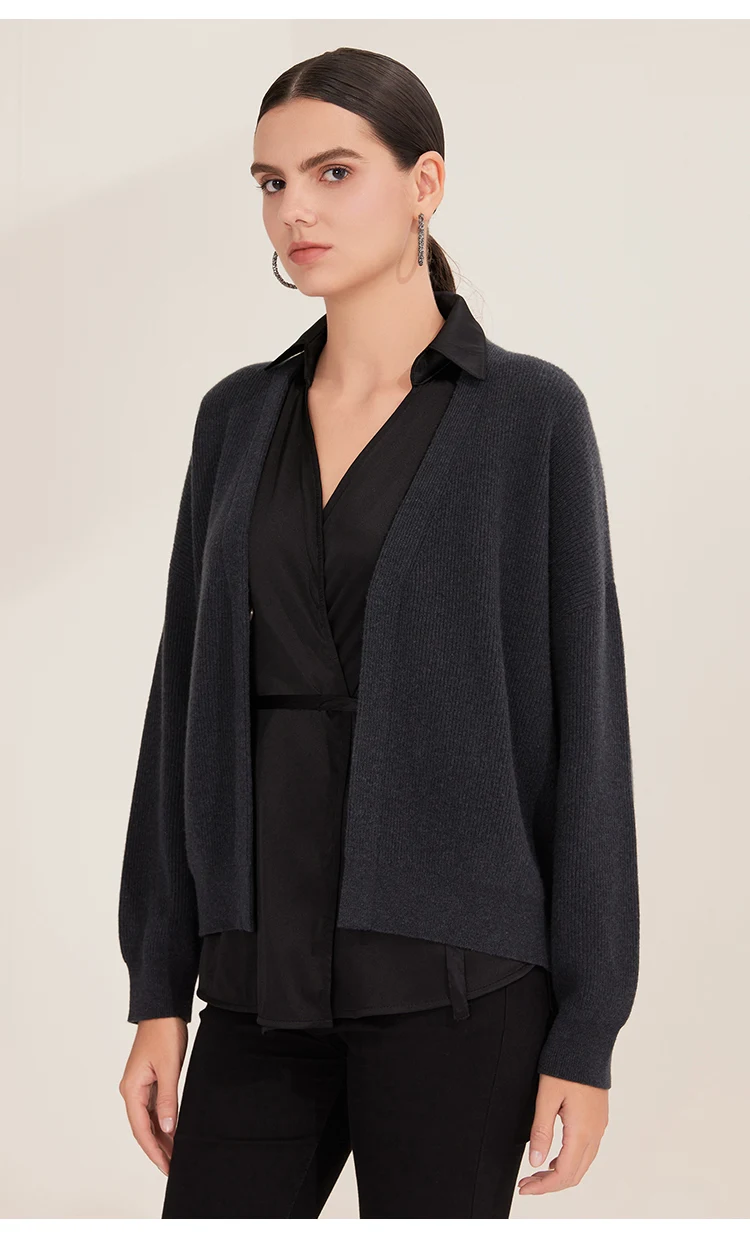 BD4521254 Damen Woll-Cardigan Pullover Seidenhemd Mehrlagig V-Ausschnitt Offen Vorne Langarm Strickoberteil Herbst Winter Alltag – Detail 4
