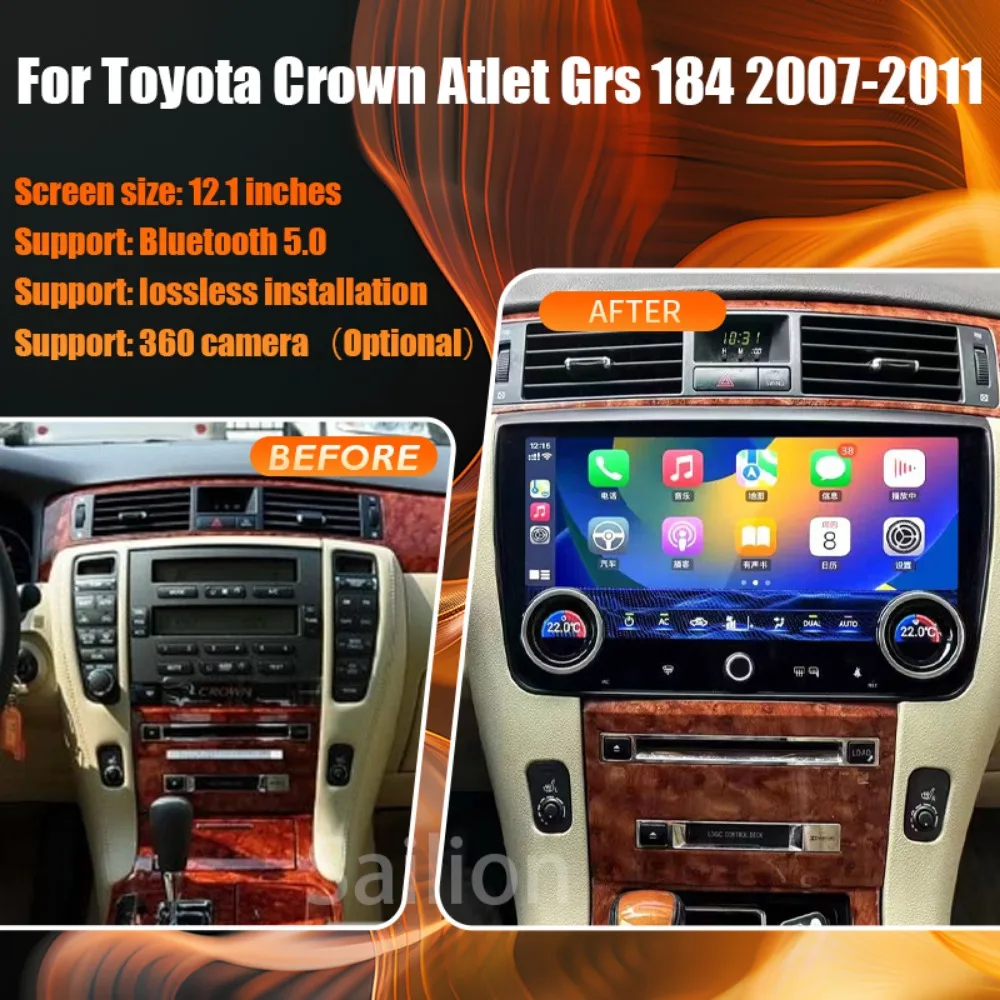 Android14 Car Radio For Toyota Crown Atlet Grs 184 2007-2011 Tesla Automotive Multimedia Carplay Auto WIFI Bluetooth Stereo 1Din