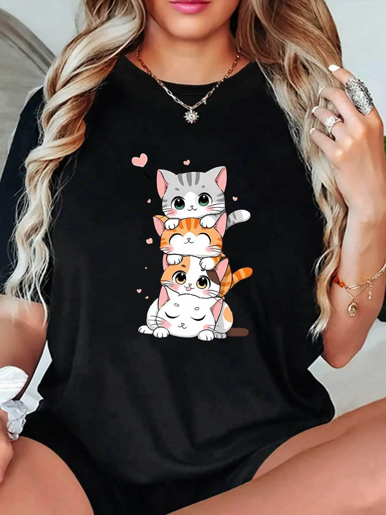 女性の Tシャツ半袖 3 つのかわいい子猫クリエイティブプリント夏ラウンドネック Tシャツ女性のカジュアル服
