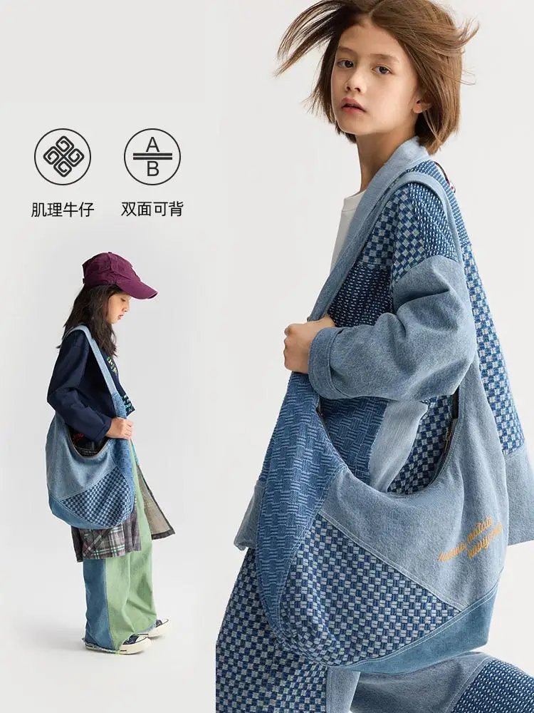 

New Fashion Splicing Color Contrasting Grid Denim Canvas Bag Original Personalized Large Capacity Single Shoulder Crossbody Bags