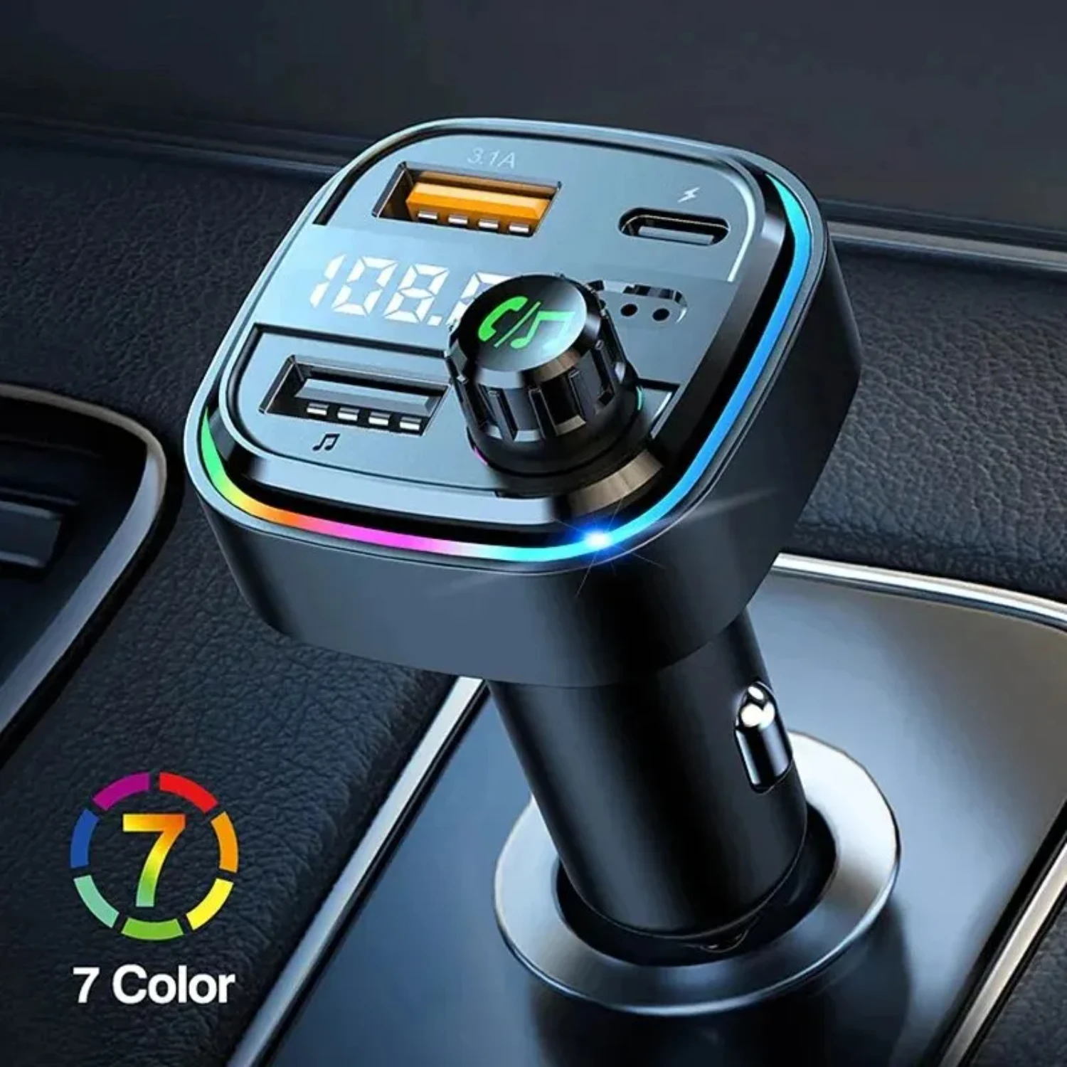 Portable Audio Player for Car with Vibrant Red and Blue Colorful Lights Bluetooth Handsfree Car Transmitter FM Wireless Radio Ad