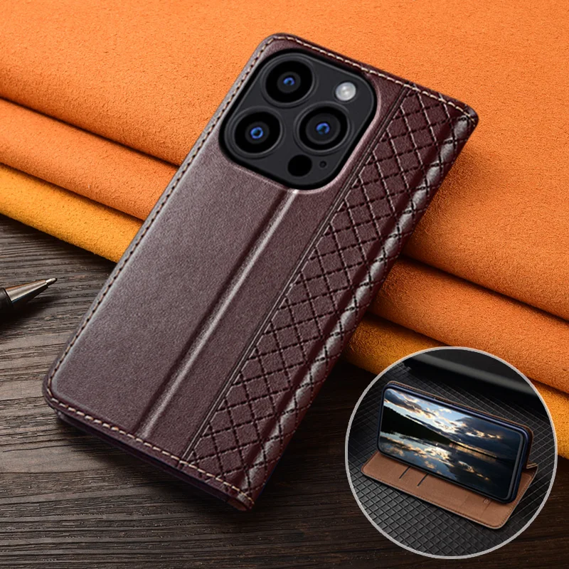 

For APPLE iPhone 17 16 16E 15 14 Pro Max Air Plus Flip Case Grid Pattern Magnetic Cover Cowhide Genuine Leather Wallet Covers