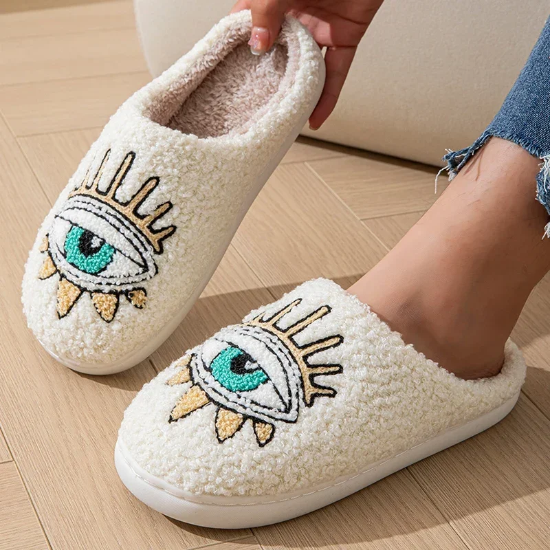 Fashion Home Women Fluffy Slippers Winter Soft Sole Houseshoes Eye Fuzzy Cotton Heart Flat Sole Funny Flip Flops Indoor Shoes