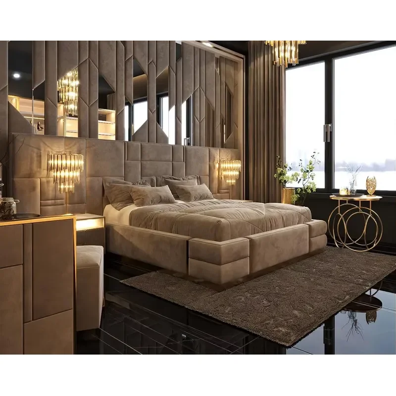 King Size Bed Frame Stainless Steel Frosted Cloth Upholstered Headboard Italian Style Bedroom Furniture Set for Family Home