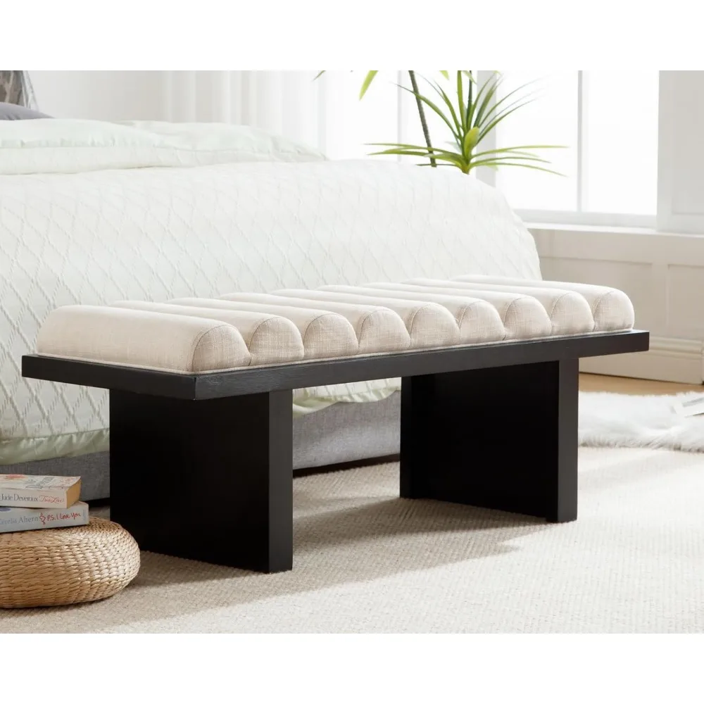 

Modern Bedroom Bench, 47 Inch Upholstered End of Bed Bench Padded Entryway Bench with Cylindrical Cushion/Black Wood Legs