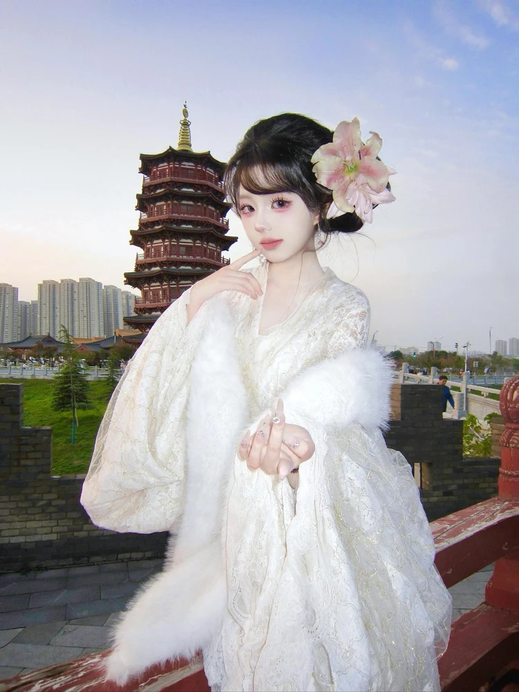 

Белый кружевной костюм Ханьфу для фотосессий в ретро-стиле, для студийных портретов, художественная одежда, женская этническая мода, полиэстер