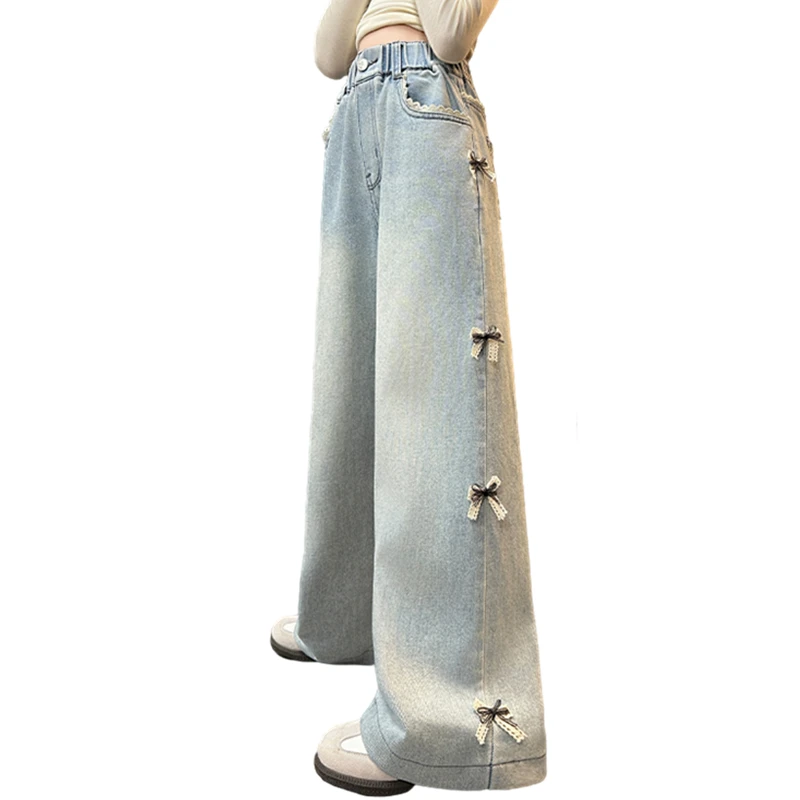 

Korean Child Light Blue Jeans with Side Bows For Girls Retro Blue Denim Pants Kids Teenager Vintage Straight Jeans Trousers