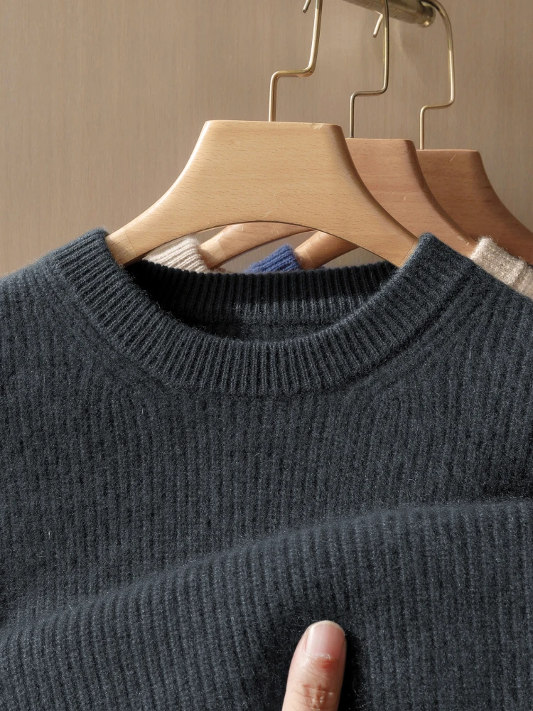 メンズ用100％ピュアカシミヤセーター、インゴットニードル厚手、ラウンドネック、長袖プルオーバー、長袖セーター