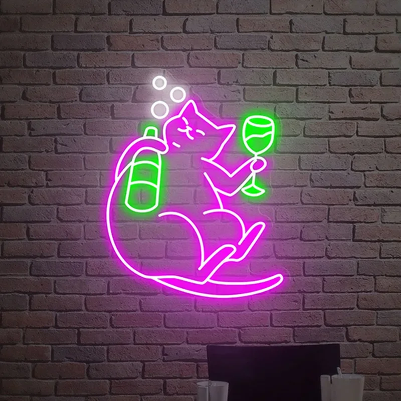 

Cat Drinking Wine Neon Sign Cute Anime Cartoon Custom Led Lights for Bedroom Home Wall Art Drinking Bar Party Decor Light Lamp