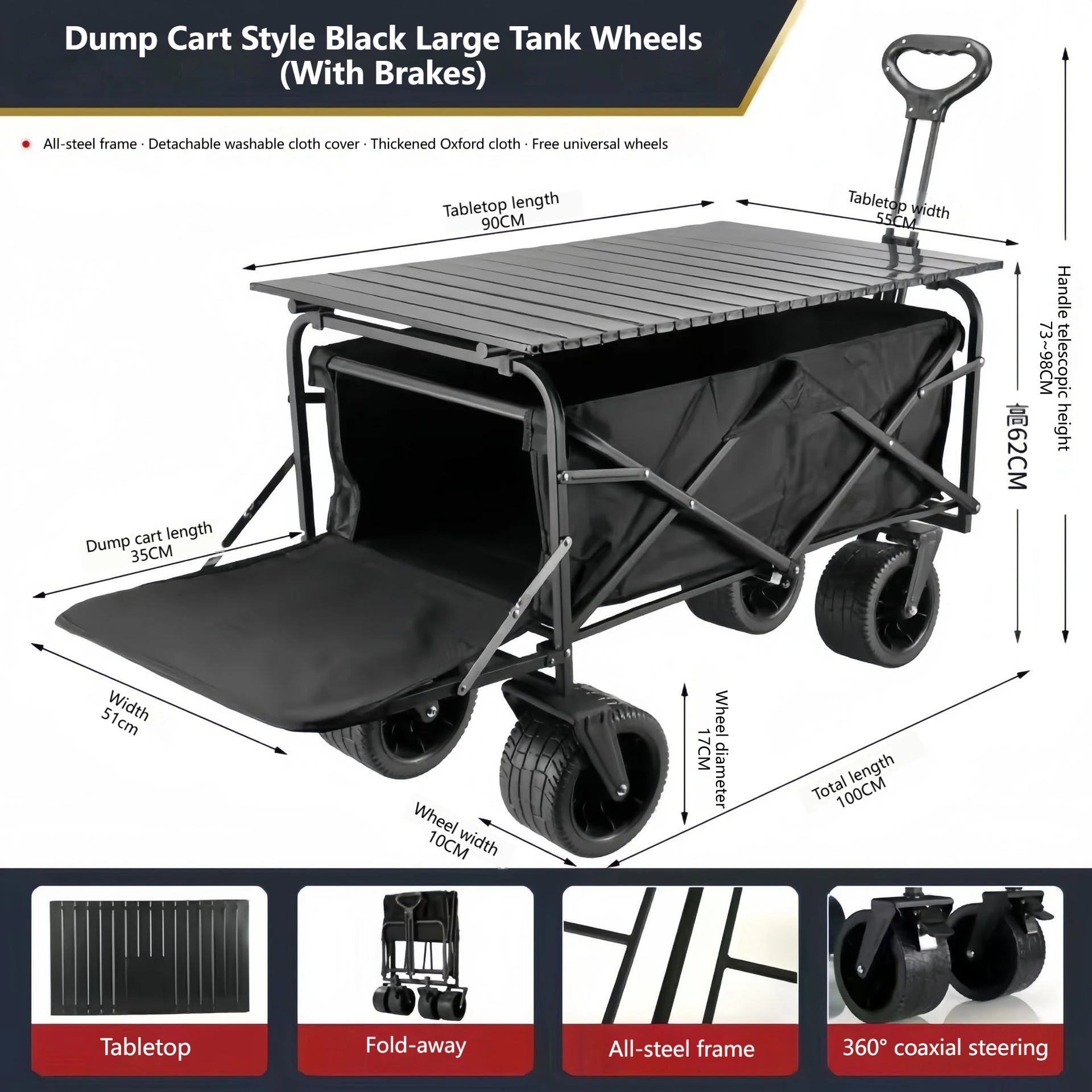 150L Portable 4 Tank-Wheel Collapsible Wagon Multi-Functional Black Trailer Bucket for Camping Beach Garden OEM Customized