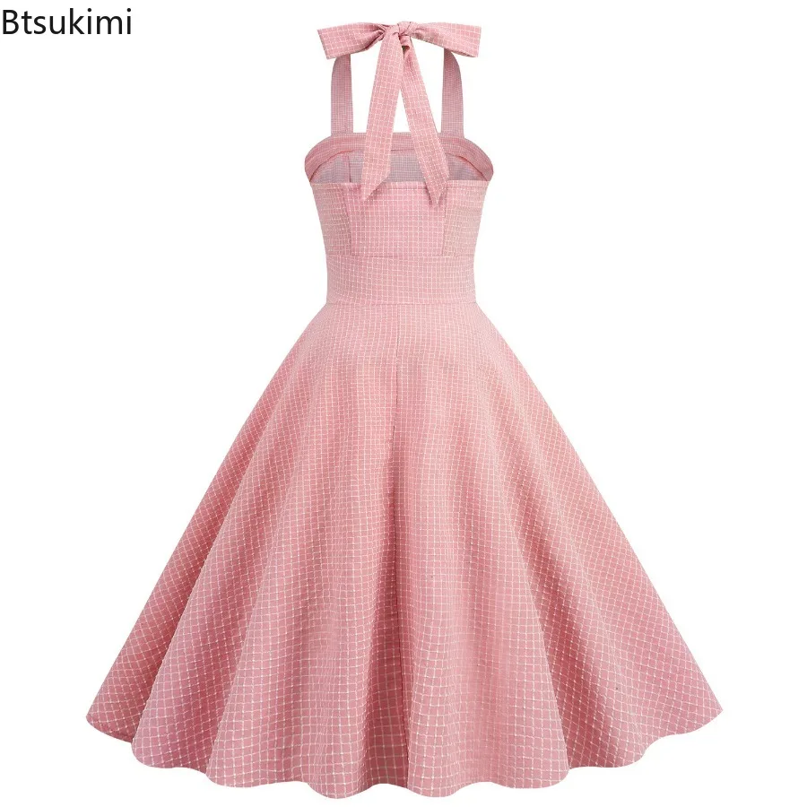 2025年新作 レディース ヴィンテージ ホルターネック ドレス 夏 小さな格子柄 レトロ カジュアル ビッグスカート ヘム ドレス ロカビリー カクテル パーティー ドレス