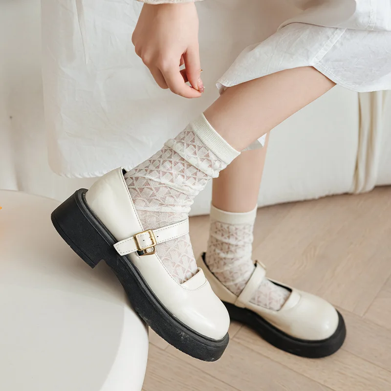 Summer Thin Women Socks Hollow Out Mesh Breathable Lace Socks JK Japanese Style Solid Color School Girls Kawaii Loose Long Socks