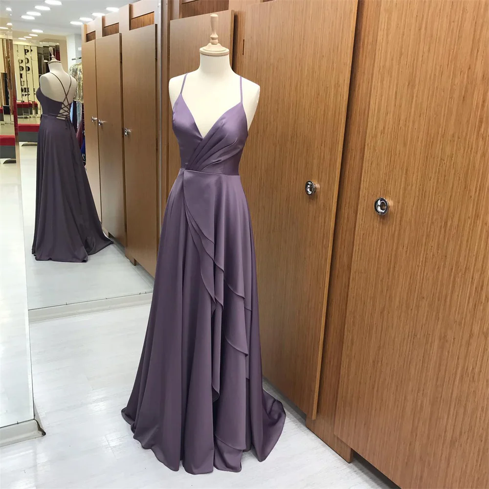 

Lily Grape V Neck Chic Woman Evening Dress Gown Spaghetti Strap Ball Gown Stain V Neck Tiered Night Dress Gown robes de soirée