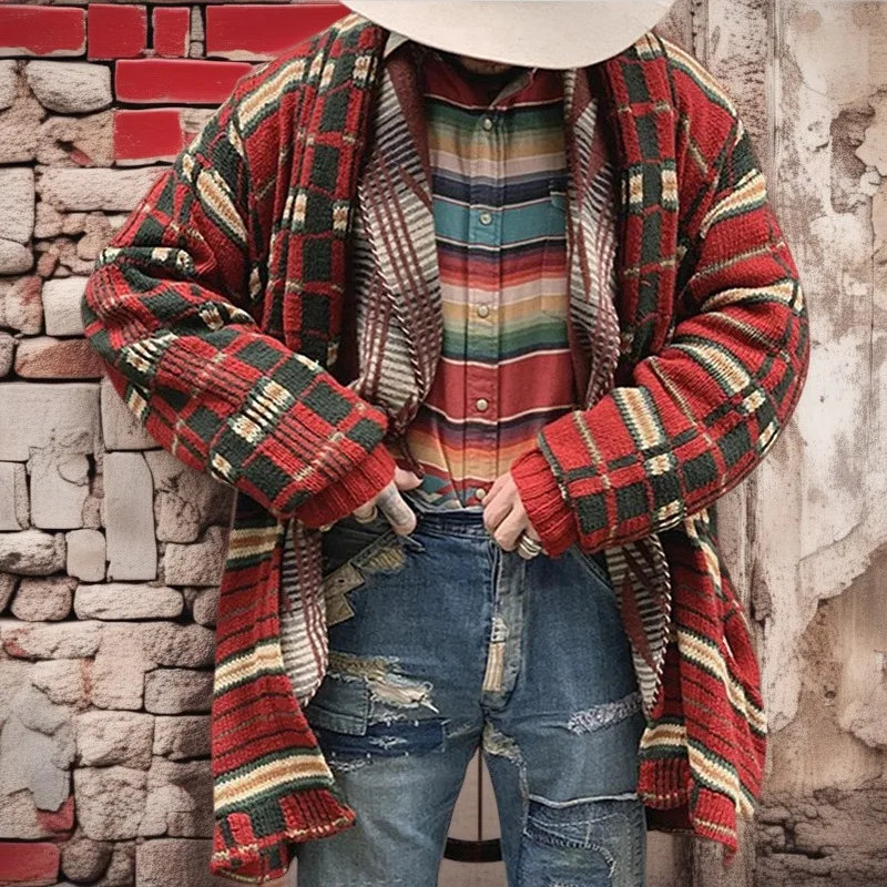 

Autumn and winter men's clothing, fashionable plaid knitted cardigan, long loose large size sweater jacket for men