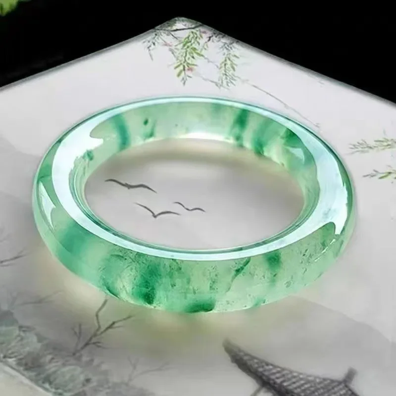 Jade color high ice blue water floating flower fat round bar bracelet ice floating flower spring color jade quartzite