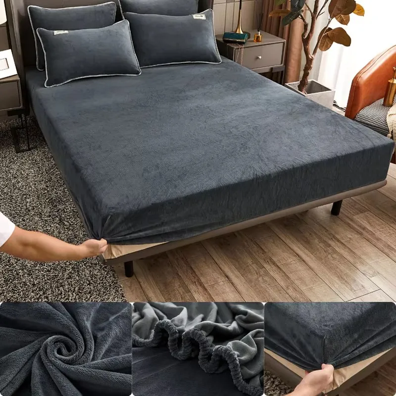 1pc Velvet Fabric Fitted Sheet Soft Touch Elastic Bedspread Mattress Cover Bed Linen Protector Winter Warm Flannel Fitted Sheet
