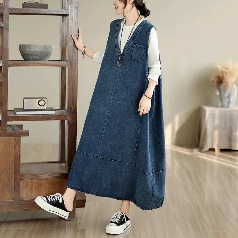 Loose Long V-neck Denim Dress - Midi Dress ulasan dan harga